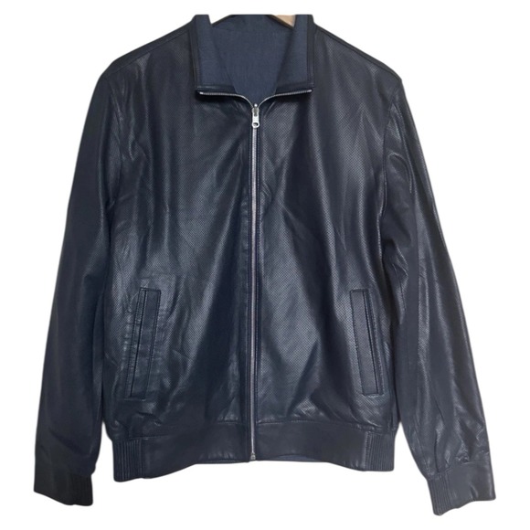 VTGMoreschi Lambskin Linen Blend Reversible Bomber Jacket Mens Size 50 Navy